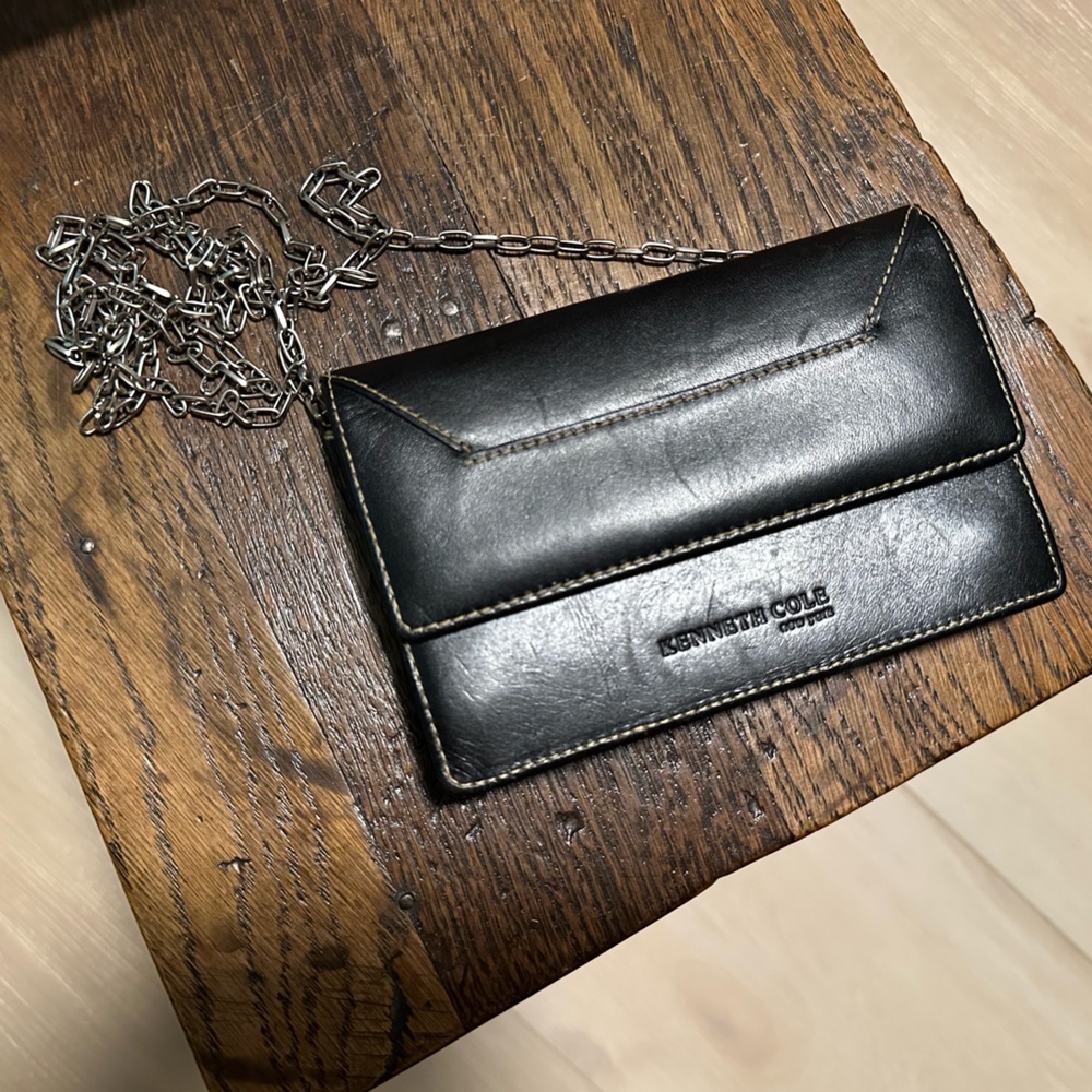 Kenneth Cole Black Leather Super-Mini Bag Edgy Silver-tone Chain Strap Minimal - Picture 16 of 16